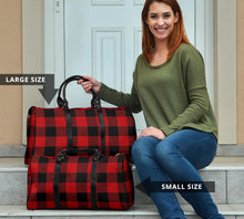 Load image into Gallery viewer, Red and Black Buffalo Plaid Travel Bag Duffel Bag With Vegan Leather Handles