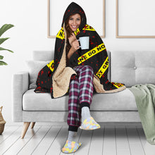 Load image into Gallery viewer, Crime Scene Police Tape True Crime Hooded Blanket Black With Blood Spatter and Sherpa Lining