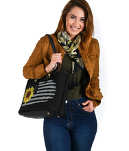 Load image into Gallery viewer, Distressed American Flag With Sunflower Vegan Leather Tote Bag