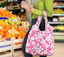 Load image into Gallery viewer, Pink and White Hibiscus Hawaiian Pattern Reusable Grocery Shopping Bags Totes