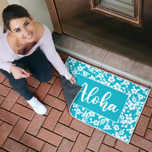 Load image into Gallery viewer, Aloha Hawaiian Hibiscus Teal and White Door Mat Welcome Mat