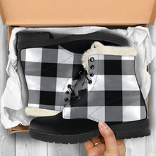 Load image into Gallery viewer, Black and White Buffalo Check Vegan Leather Faux Fur Lined Winter Boots Color Block With White Black Toe