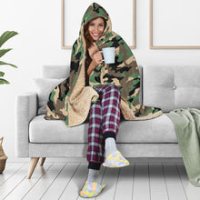 Load image into Gallery viewer, Camo Hooded Blanket Green, Brown, Tan and Black Camouflage With Sherpa Lining