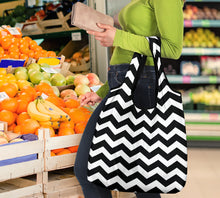 Load image into Gallery viewer, Chevron Pattern Reusable Grocery Shopping Bags In Navy, Red, Black and White