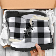 Load image into Gallery viewer, Black White Buffalo Plaid Color Block Vegan Leather Faux Fur Lined Winter Boots With White Toe