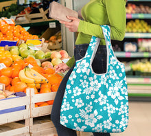 Load image into Gallery viewer, Teal and White Hibiscus Flower Pattern Reusable Grocery Shopping Bags Pack of 3