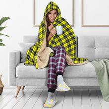 Load image into Gallery viewer, Yellow, Black and White Plaid Tartan Pattern Hooded Blanket With Tan Sherpa Lining