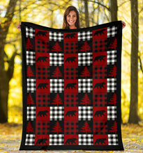 Load image into Gallery viewer, Red, Black and White, Buffalo Plaid Patchwork Style Fleece Throw Blanket