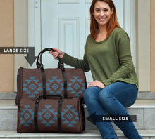 Load image into Gallery viewer, Brown Faux Suede and Blue Tribal Design Travel Bag Duffel With Black Faux Leather Handles