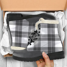 Load image into Gallery viewer, Gray and White Plaid Faux Fur Lined Vegan Leather Boots With Gray Toe