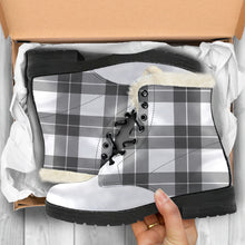 Load image into Gallery viewer, Gray and White Plaid Faux Fur Lined Vegan Leather Boots With White Toe