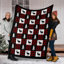 Load image into Gallery viewer, Black, White and Red Buffalo Plaid With Buck and Pine Tree Patchwork Pattern Fleece Throw Blanket