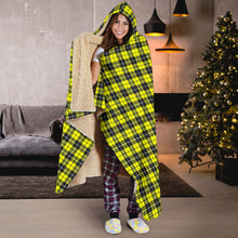 Load image into Gallery viewer, Yellow, Black and White Plaid Tartan Pattern Hooded Blanket With Tan Sherpa Lining