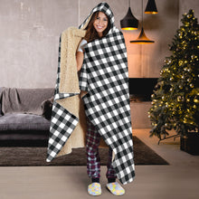 Load image into Gallery viewer, Black and White Buffalo Plaid Hooded Sherpa Lined Blanket