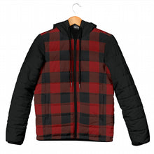 Load image into Gallery viewer, Dark Red and Black Buffalo Plaid Women's Puffer Jacket Quilted Hooded Coat