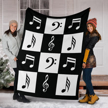 Load image into Gallery viewer, Black and White Large Checkered Music Notes Pattern Fleece Throw Blanket