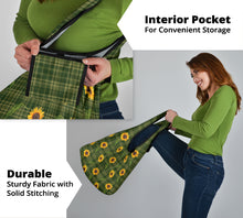 Load image into Gallery viewer, Green Plaid With Sunflower Pattern Grocery Shopping Bag Pack of 3