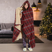 Load image into Gallery viewer, Dark Red, Black and White Tartan Plaid Hooded Blanket With Faux Sherpa Lining