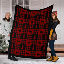 Load image into Gallery viewer, Red and Black Buffalo Plaid Deer Buck Pine Tree Patchwork Pattern Fleece Throw Blanket