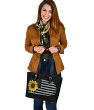 Load image into Gallery viewer, Distressed American Flag With Sunflower Vegan Leather Tote Bag