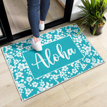Load image into Gallery viewer, Aloha Hawaiian Hibiscus Teal and White Door Mat Welcome Mat
