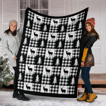 Load image into Gallery viewer, Black and White Buffalo Plaid With Deer and Pine Trees Pattern Fleece Throw Blanket