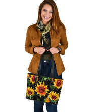 Load image into Gallery viewer, Sunflowers on Black Vegan Leather Tote Bag