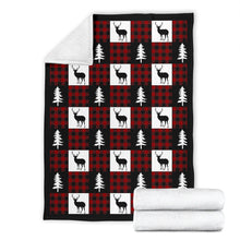 Load image into Gallery viewer, Black, White and Red Buffalo Plaid With Buck and Pine Tree Patchwork Pattern Fleece Throw Blanket