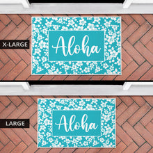 Load image into Gallery viewer, Aloha Hawaiian Hibiscus Teal and White Door Mat Welcome Mat