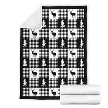 Load image into Gallery viewer, Black and White Buffalo Plaid With Deer and Pine Trees Pattern Fleece Throw Blanket