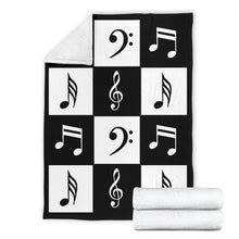 Load image into Gallery viewer, Black and White Large Checkered Music Notes Pattern Fleece Throw Blanket