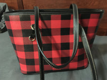 Load image into Gallery viewer, Red Buffalo Plaid Vegan Leather Tote Bag