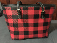 Load image into Gallery viewer, Red Buffalo Plaid Vegan Leather Tote Bag