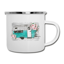 Load image into Gallery viewer, Rustic Teal Camper Design on White Enamel Camping Mug - white