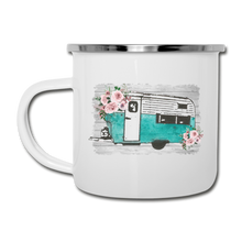 Load image into Gallery viewer, Rustic Teal Camper Design on White Enamel Camping Mug - white
