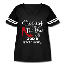 Load image into Gallery viewer, Stepping into this year with God's grace & mercy retro style curvy V-neck tee - black/white