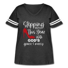 Load image into Gallery viewer, Stepping into this year with God's grace & mercy retro style curvy V-neck tee - vintage smoke/white