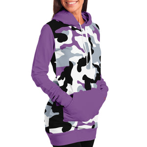 Purple Camouflage Longline Hoodie Dress With Solid Purple Sleeves, Pocket and Hood