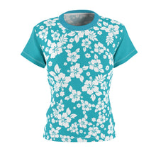 Load image into Gallery viewer, Teal and White Hibiscus Hawaiian Pattern Women&#39;s Tee
