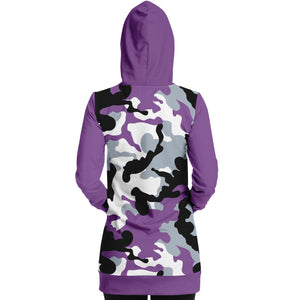 Purple Camouflage Longline Hoodie Dress With Solid Purple Sleeves, Pocket and Hood