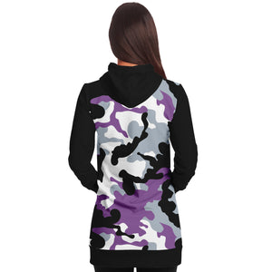 Purple and Black Camouflage Longline Hoodie Dress With Solid Black Sleeves, Pocket and Hood