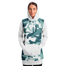 Load image into Gallery viewer, White and Minty Teal Camouflage Pattern Longline Hoodie Dress With Solid White Sleeves, Pocket and Hood

