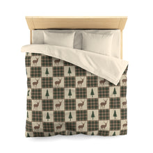 Load image into Gallery viewer, Queen Size Tan, Brown and Green Deer and Pine Trees Plaid Patchwork Pattern Microfiber Duvet Cover
