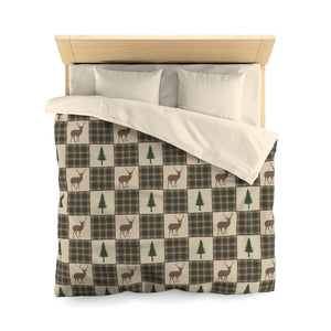 Queen Size Tan, Brown and Green Deer and Pine Trees Plaid Patchwork Pattern Microfiber Duvet Cover