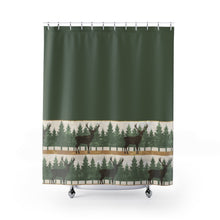 Load image into Gallery viewer, Green With Stag and Pine Trees Shower Curtain
