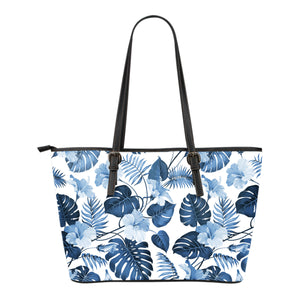 White With Blue Hibiscus Flowers and Leaves Hawaiian Tropical Tote Bag