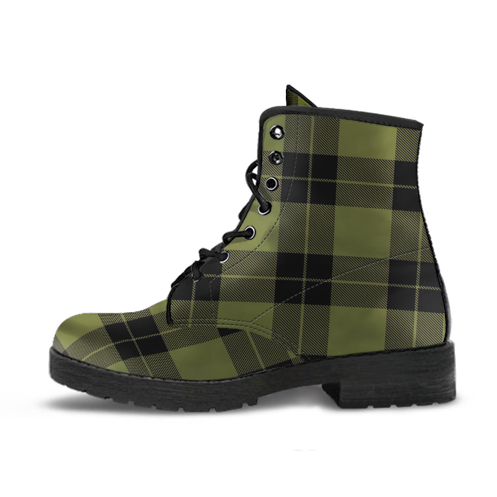 Army Green and Black Plaid Women's Vegan Leather Boots