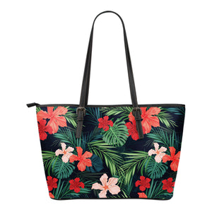 Pink Red and Coral Tropical Flowers Vegan Leather Tote Bag