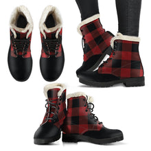 Load image into Gallery viewer, Red and Black Buffalo Plaid Faux Fur Lined Vegan Leather Boots With Black Toe
