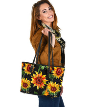 Load image into Gallery viewer, Sunflowers on Black Vegan Leather Tote Bag
